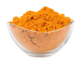 Aromatic saffron powder in bowl on white background