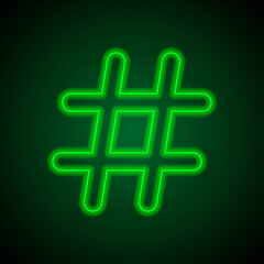 Hashtag simple icon vector. Flat desing. Green neon on black background with green light