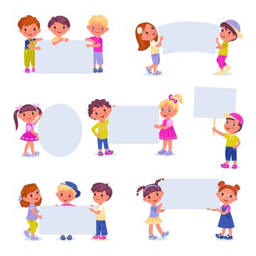Kids holding banners. Funny girls and boys with blank posters different shapes, cute children with big paper sheets, white advertising placards with copy space, vector cartoon flat style isolated set