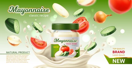 Mayonnaise poster. Realistic mayo jar with flying vegetables. Salad dressing. Tomato cucumber or onion pieces. Sauce advertising banner for branding. Pot and cream splash. Vector concept