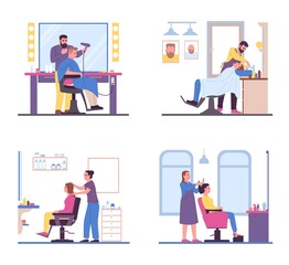 People in hair salon. Barbers with customers. Men and women in process creating hairstyles. Hairdressers work. Beauty studio workers cutting and drying hairdo. Vector hairstylists set