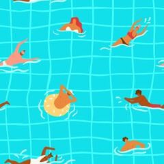 People swimming seamless pattern. Cartoon print with happy swimmers in bikini. Men and women sport. Tiled blue pool bottom. Persons swim in water. Summer holidays. Vector background