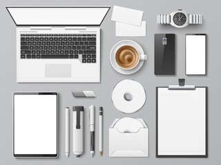Realistic desktop top view. Office workplace with different supplies. Digital device. Stationery or tablet. Coffee cup. Visit cards. Computer disk. Vector set of business identity mockup