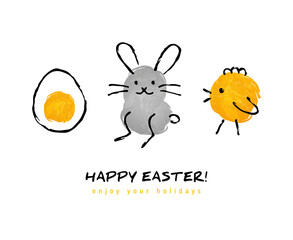 Cute hand drawn Happy Easter greeting card. Vector illustration. Egg, bunny rabbit, chicken. Child drawing imitation. Ink strokes.
