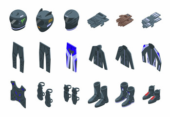 Motorcycle equipment icons set isometric vector. Jacket helmet. Bike enduro