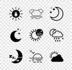 Set Sunset, Cloud, Moon and stars, icon, cloud weather, and Eclipse of sun icon. Vector