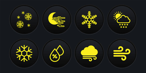 Set Snowflake, Cloud with snow and sun, Water drop percentage, Windy weather, and Fog moon icon. Vector