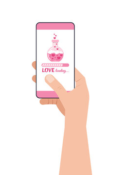 Love countdown bar on smartphone screen holding in hand. Love loading bar with glass lab flask with hearts and love potion fill progress on mobile phone display. Flat cartoon vector illustration