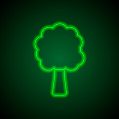 Tree simple icon vector. Flat desing. Green neon on black background with green light