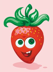Strawberry, cartoon character. Cheerful, cute red berry on a pink background, Berry Victoria. Glamorous emojis suitable for emoticon, logo, mascot and icon.