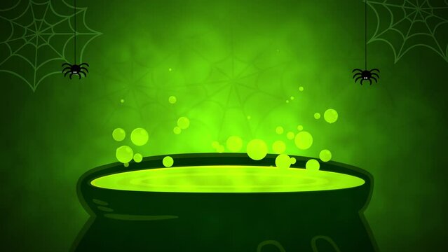 Green boiler of potion with spider web, motion horror, mystical and Halloween style background