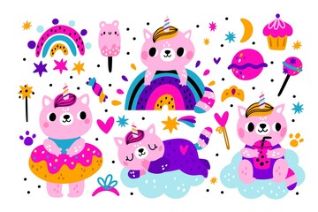 Obraz na płótnie Canvas Unicorns with sweets. Fabulous kawaii cats. Pink kittens with color horn. Magic fairy tale characters on clouds and rainbow. Magical wand and candies. Vector funny domestic animals set