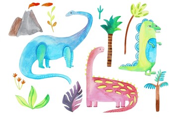 Set of watercolor dinosaurs on a white background © Yana Protsenko