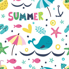 Seamless pattern with the inscription summer. Summer background with whale, ice cream, umbrellas, ships, beach, flip-flops, cocktail, towel and hearts.