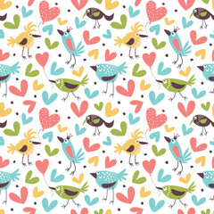 Seamless vector background with birds and flowers. Children's style.