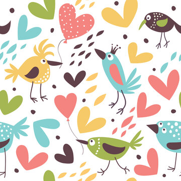 Seamless vector background with birds and flowers. Children's style.