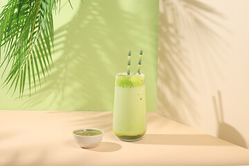 Green tea matcha latte in a glass with bamboo tubes on a modern light background with palm...