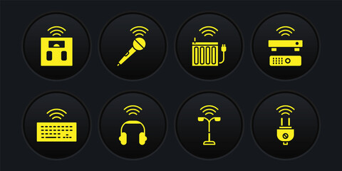 Set Wireless keyboard, TV box receiver, Smart headphones, street light, heating radiator, microphone, electric plug and bathroom scales icon. Vector