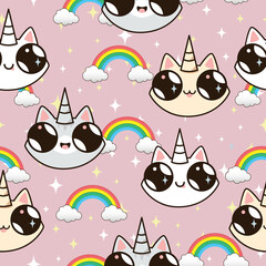 cats unicorns and a rainbow. unicorn cats on a blue background. seamless texture
