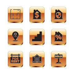 Set House plan, Hanging sign with For Rent, Online real estate house, Staircase, Location lock, under protection, text Sold and dollar symbol icon. Vector