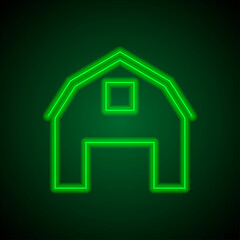Barn simple icon. Flat desing. Green neon on black background with green light.ai