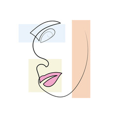 The concept of a vector portrait of a woman in one line. Pastel geometric shapes
