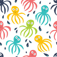 Cute octopus seamless pattern with underwater animals isolated on white background. Hand drawn Scandinavian style vector illustration.
