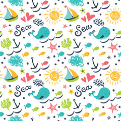 Seamless pattern with cute whales, waves and ships.