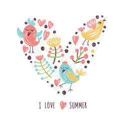 Cute print with heart and birds.