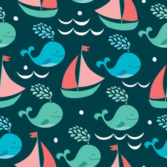 Seamless pattern with cute whales and yachts on a dark blue background.