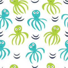 Cute octopus seamless pattern with underwater animals isolated on white background. Hand drawn Scandinavian style vector illustration.
