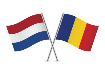 Netherlands and Romania crossed flags. Netherlandish and Romanian flags isolated on white background. Vector icon set. Vector illustration.