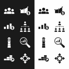 Set Hierarchy organogram chart, Pie and dollar, Users group, Lighthouse, Magnifying glass analysis, Project team base and Financial growth icon. Vector