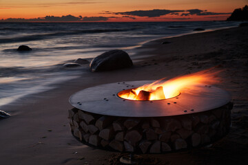 The beautiful metal round a fireplace stands on the sandy coast with a tidal wave at sunset,...