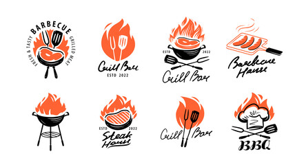 BBQ and grill emblem set. Barbecue labels, badges and design elements for restaurant menu - obrazy, fototapety, plakaty