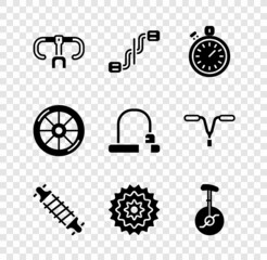 Set Bicycle handlebar, pedals, Stopwatch, suspension, cassette, Unicycle or one wheel bicycle, and lock icon. Vector © vector_v