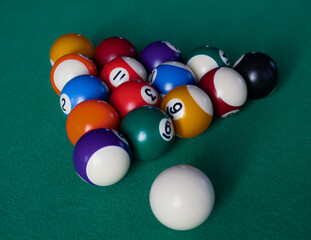 Billiard table with a selection of balls. Game. Snooker, billiards.