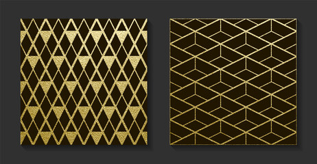 Golden backgrounds set. Shiny Gold geometric textures on black background. Vintage vector illustration. Bright backdrop for christmas cards, luxury flyers or banners. Vector illustration