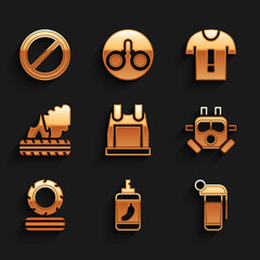 Set Bulletproof vest, Pepper spray, Hand grenade, Gas mask, Lying burning tires, T-shirt protest and Ban icon. Vector