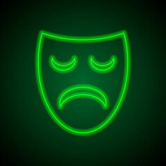 Mask simple vector icon. Flat desing. Green neon on black background with green light.ai