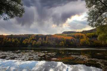 Wonderful lake view in the autumn forest. Reflection. Selective focus. High quality photo Ankara, Cubuk, Karagol