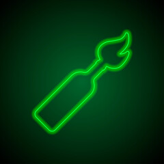 Molotov cocktail simple icon. Flat desing. Green neon on black background with green light.ai