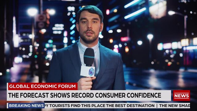 Anchorman Reporting Live News in a City at Night. News Coverage by Professional Handsome Reporter from a Business District. Journalist Presenting News for TV Channel. Newscaster Talking. Static Shot.