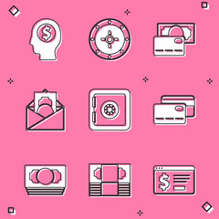 Set Business man planning mind, Safe, Credit card, Envelope with dollar symbol, Stacks paper money cash and icon. Vector