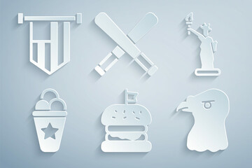Set Burger, Statue of Liberty, Ice cream in waffle cone, Eagle head, Crossed baseball bat and American flag icon. Vector