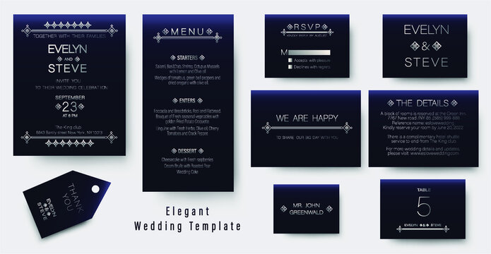 Modern wedding invitation card,  save the date, thank you, rsvp, menu table label, place card , gift tag. Vector. Geomtric pattern with gold shiny glowing frame on blue background