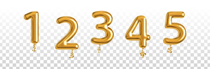 Fotobehang Vector realistic isolated golden balloon of 1, 2, 3, 4 and 5 on the transparent background. © comicsans