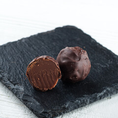 Round chocolate candy dessert close up