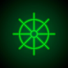 Steering wheel simple icon. Flat desing. Green neon on black background with green light.ai