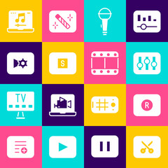 Set Music or video editing, Record button, Sound mixer controller, Microphone, Stop media, settings, Laptop with music and Play icon. Vector